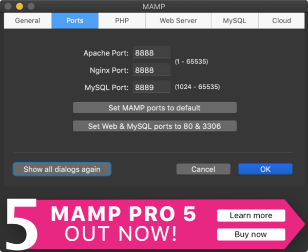 MAMPの初期設定画面「Ports」