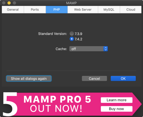 MAMPの初期設定画面「PHP」