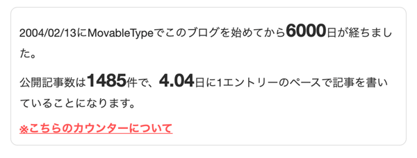 2004/02/13にMovableTypeでこのブログを始めてから6000日が経ちました。公開記事数は1485件で、4.04日に1エントリーのペースで記事を書いていることになります。